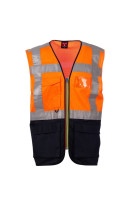 fluorescent orange/navy blue